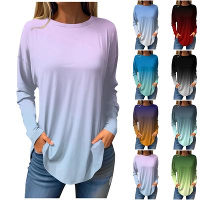 Damen T-Shirt mit Rundhalsausschnitt, lockerer Farbverlauf-Druck, langärmelig