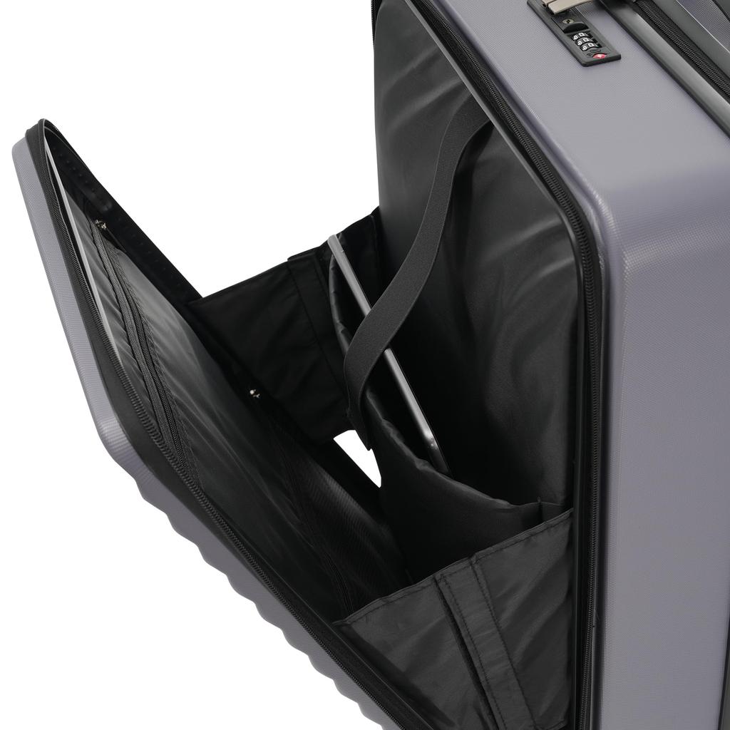 Zestaw walizek 3-częściowy Twarda skorupa, rozszerzalny, Wózek Otwieranie z przodu, Zamek TSA, 4x Kółka 360°, Uchwyt teleskopowy, Składany uchwyt na kubek, Antyczny szary