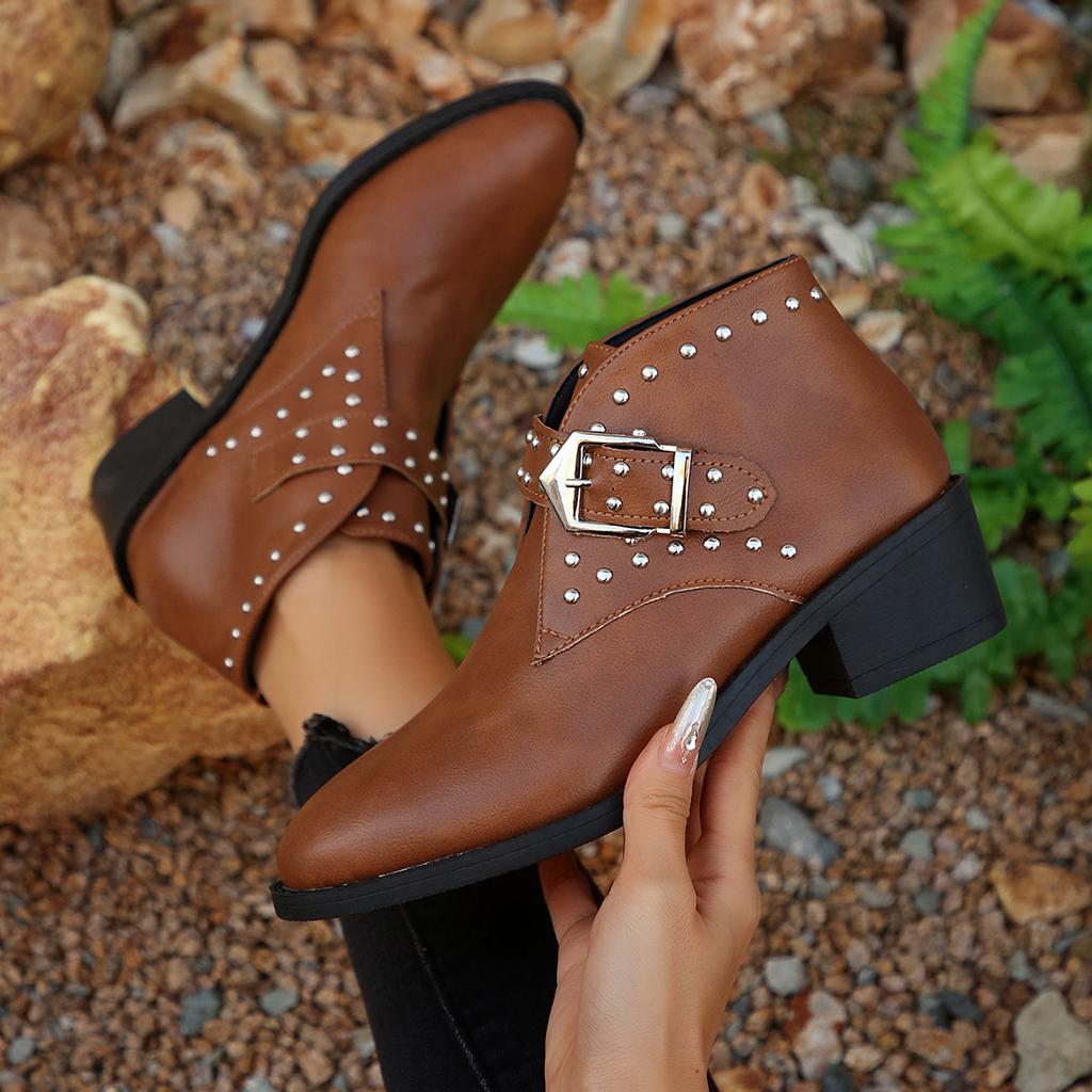 Women's Studded Buckle Ankle Boots Trendy Casual Martin Boots