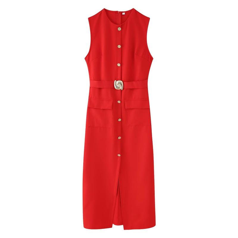 European and American Women's Sleeveless Belted Midi Dress - Chic, Round Neck Style