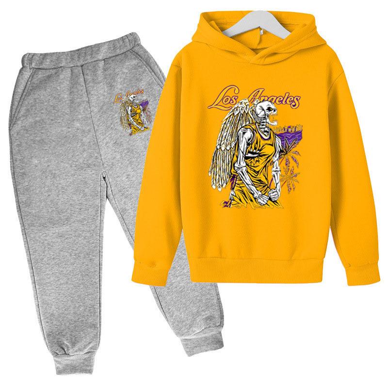Autumn Winter Los Angeles Lakers "City of Angels" Skeleton Printed Hoodies Sweatpants Set Casual Warm Sports Long Sleeved Pants Men's Sport Wear