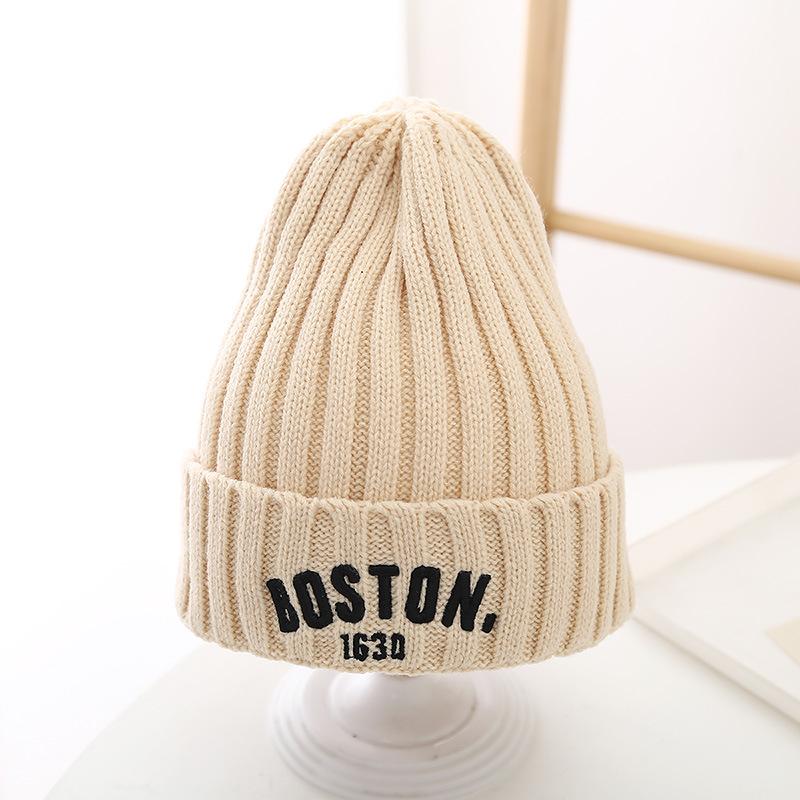 Winter Baby Knitted Hat with Earmuff Letter Embroidered Toddler Beanie Cap Solid Color Warm Woolen Kids Ear Protection Hats
