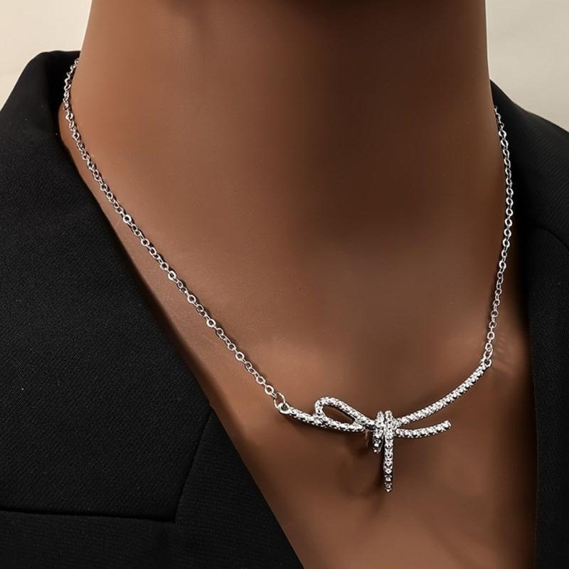 Delicate Bowknot Pendant Necklace and Earrings Combo Graceful Women's Neckchain and Ear Studs Jewelry Set Collection