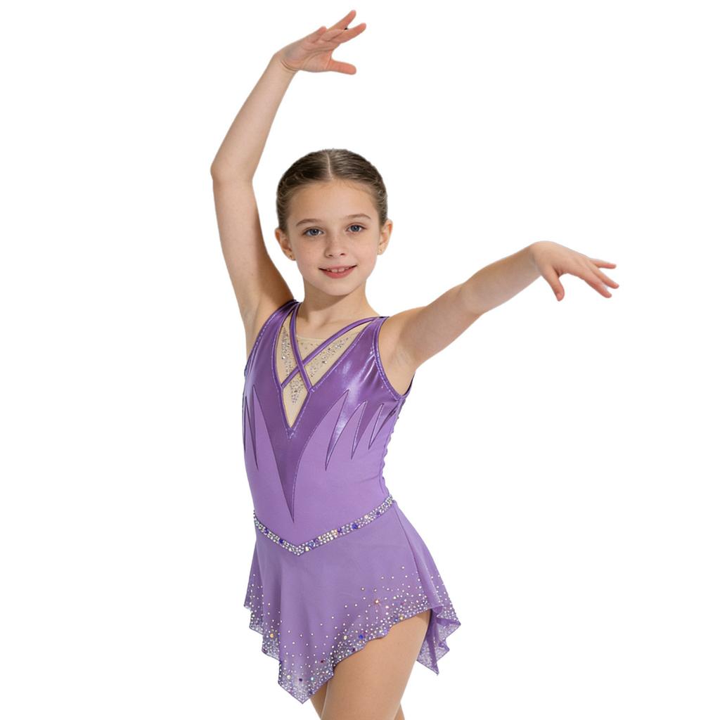 Girls Gymnastics Figure Skating Dress: Sleeveless Cross Front Mesh Patchwork Sparkling Rhinestone Color Block with Built-in Briefs