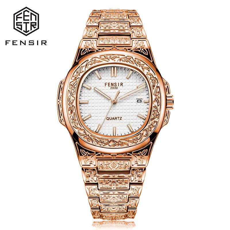 FENSIR Engraved Mesh Men's Retro Calendar Quartz Watch In European and American Style