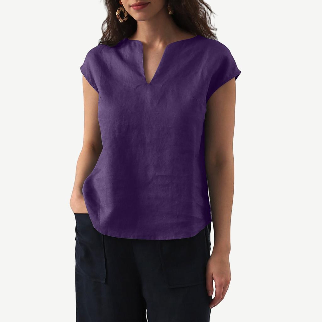 Women's Fashion Casual Cotton Linen V-Neck Cover Sleeve Solid Color Shirt T-Shirt Top