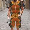 Summer Fashion Casual Men's Suit Vintage Pattern 3D Printed Sportswear Short-sleeved Suit Oversized Round Neck T-shirt Shorts 2-piece