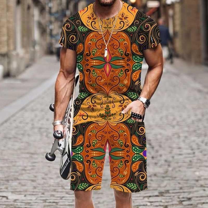 Summer Fashion Casual Men's Suit Vintage Pattern 3D Printed Sportswear Short-sleeved Suit Oversized Round Neck T-shirt Shorts 2-piece