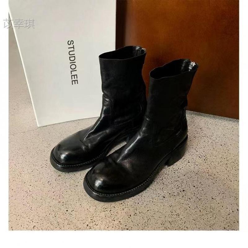 

Cowhide thick heel thin boots leather platform short boots women s high heel boots autumn and winter retro Martin boots 34