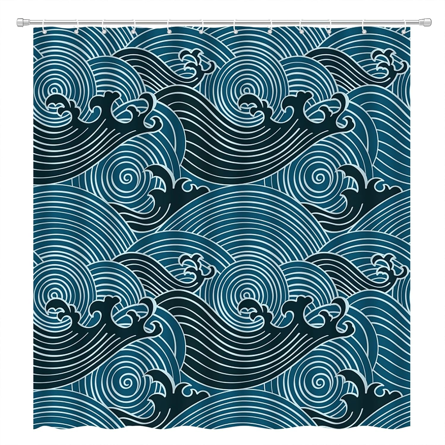 

Blue Sea Wave Shower Curtain Japanese Ocean Waves Boho Abstract Striped Nautical Coastal Bathroom Decor Set With Hooks W60H190(CM)-1 Pcs