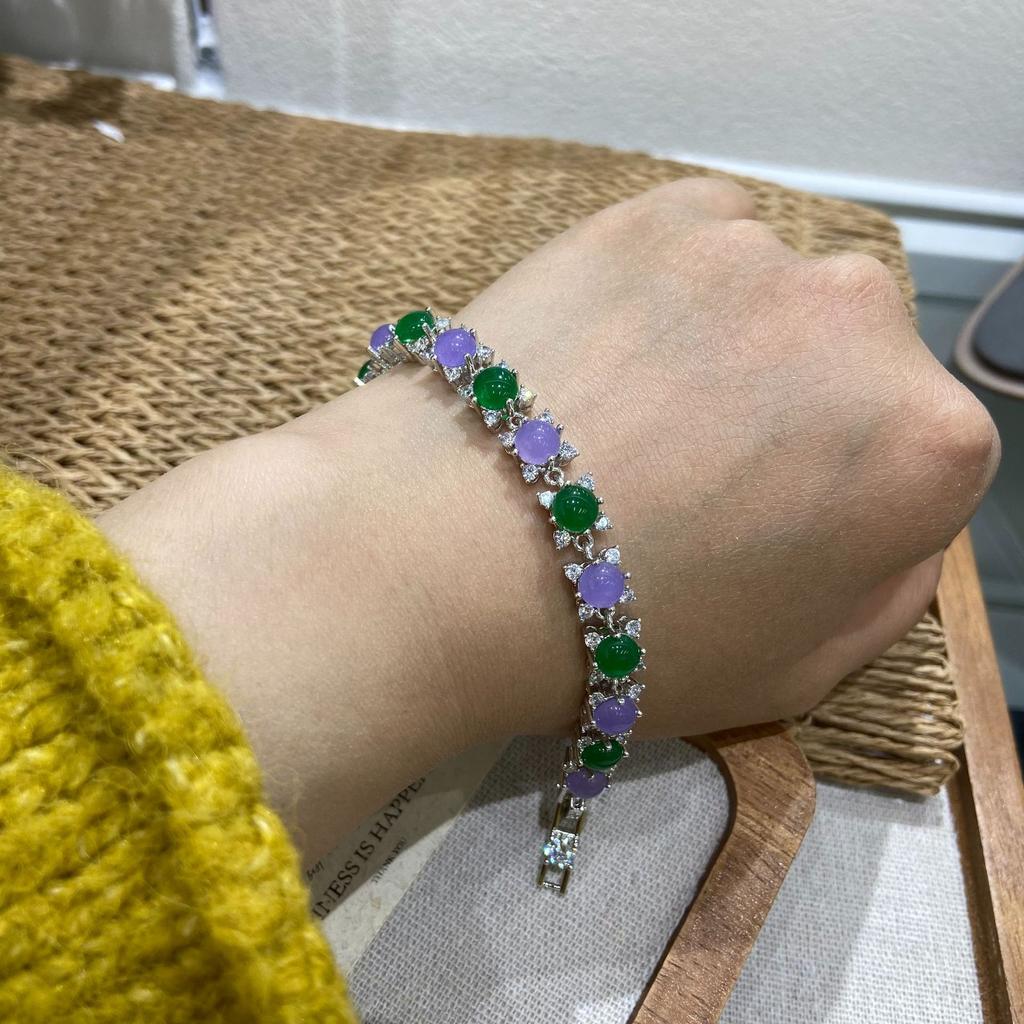 Jewelry Copper Bottom Platinum Plated Purple Green Chalcedony Plain Surface Full Diamond Inlaid Bracelet Light Luxury High-End Jewelry Women