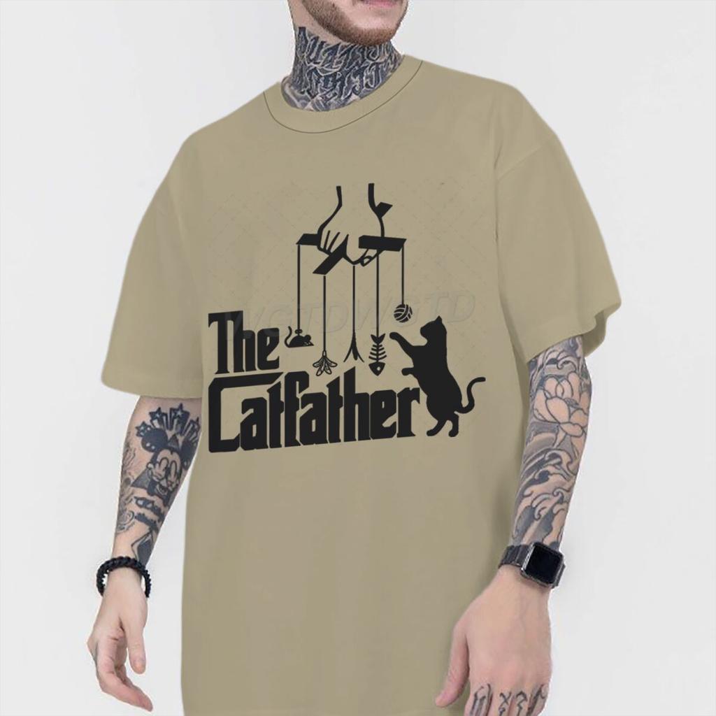 Vintage The Catfather Print T Shirt Men Fun Animal Cat Streetwear Short Sleeve Crewneck 100 Cotton Tshirts Fashion Kitten Tees