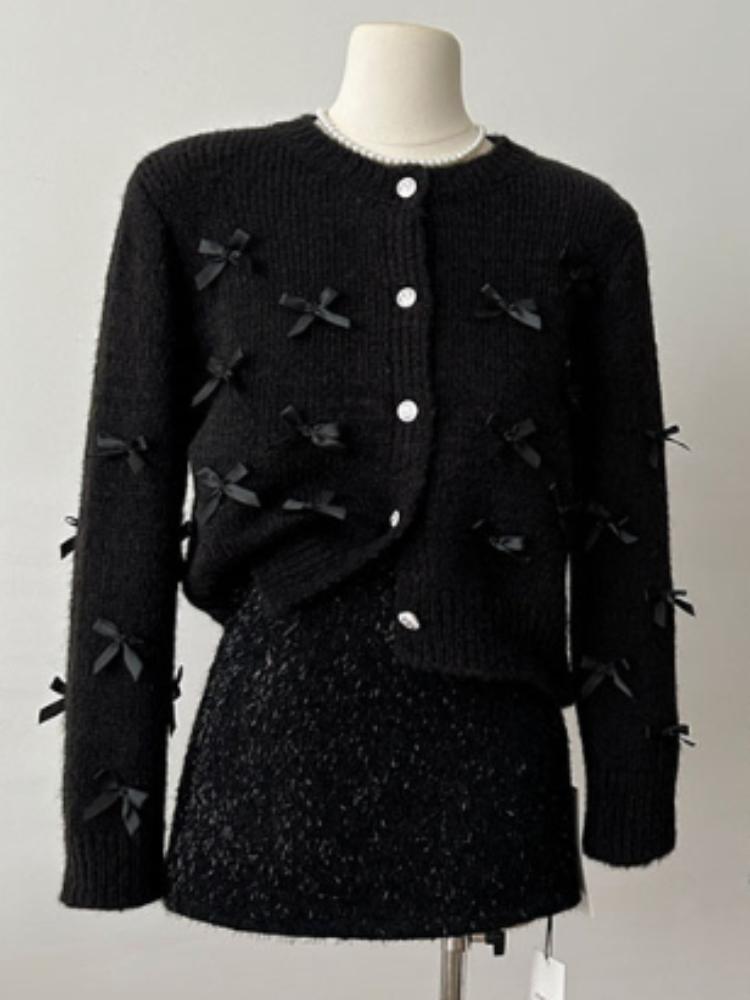 

Корейские элегантные наряды, комплект из 2 юбок, трикотаж с бантом, кардиган, роскошный + запах, тонкие юбки трапециевидной формы с высокой талией для торжественных случаев S чёрный