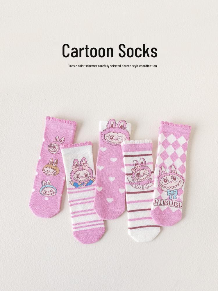 Labubu Niedliche Cartoon-Mittelwaden-Baumwollsocken für Mädchen - Frühlings-, Herbst- und Winterkollektion
