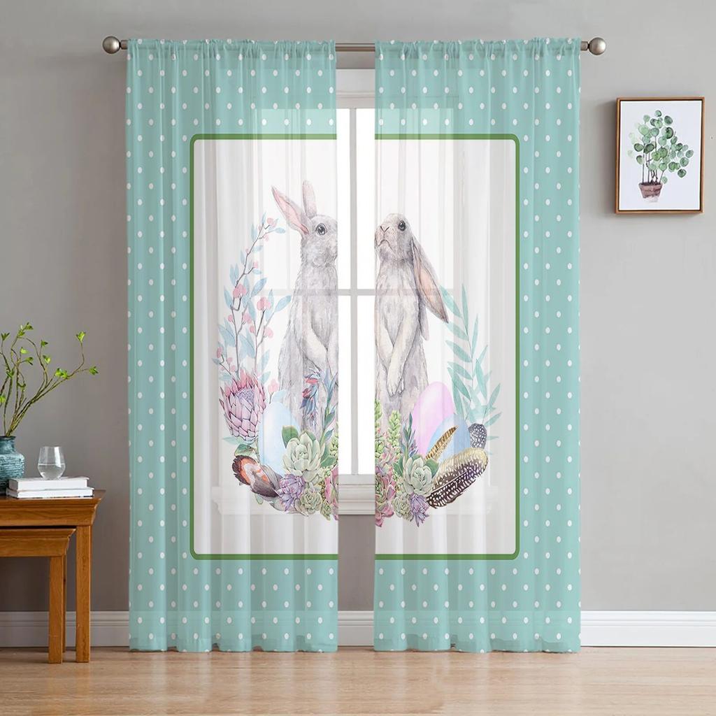 Osterhasen-Blumen-Schmetterlings-Aquarell-Kaninchen-Tüllvorhänge für Wohnzimmer, Küche, durchsichtiger Voile-Vorhang, Schlafzimmer-Fensterpaneele
