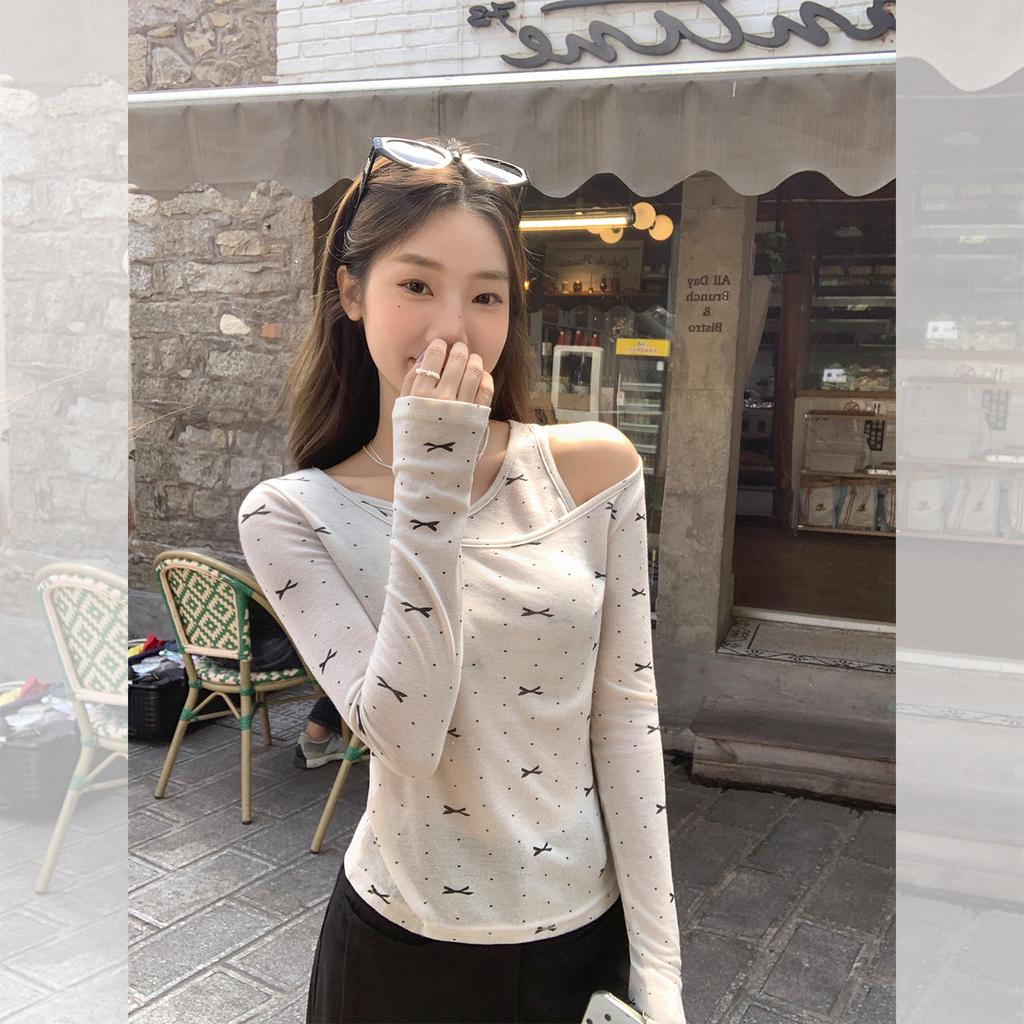 Autumn fake two-piece bow polka dot printing design sense long-sleeved T-shirt women's slim top