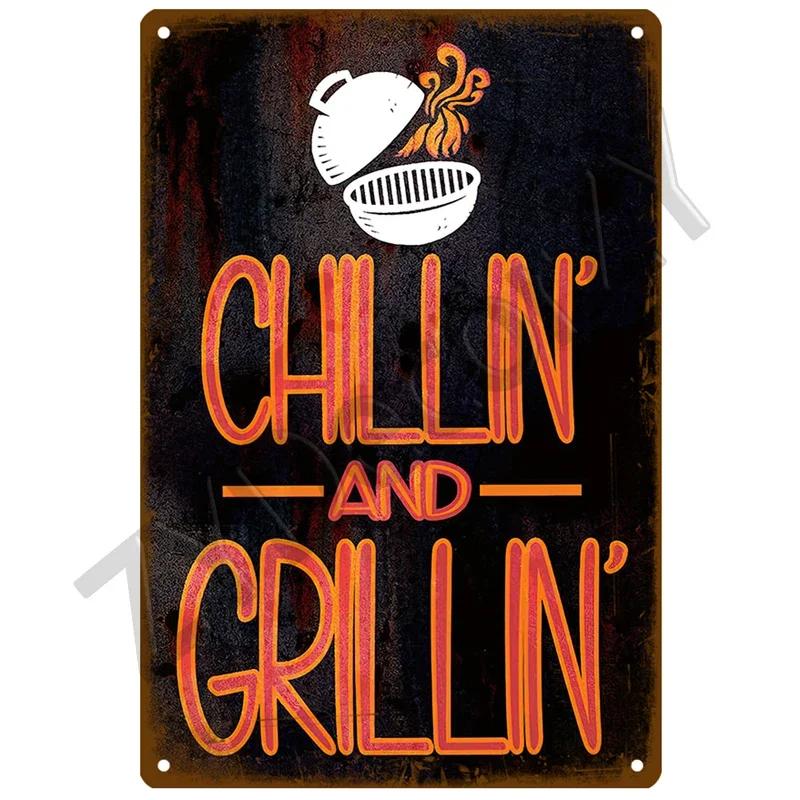 Retro BBQ Tin Sign - Vintage Wall Posters & Metal Decor - Decorative Wall Plate for Kitchens, Patios & Barbecue Themed Spaces