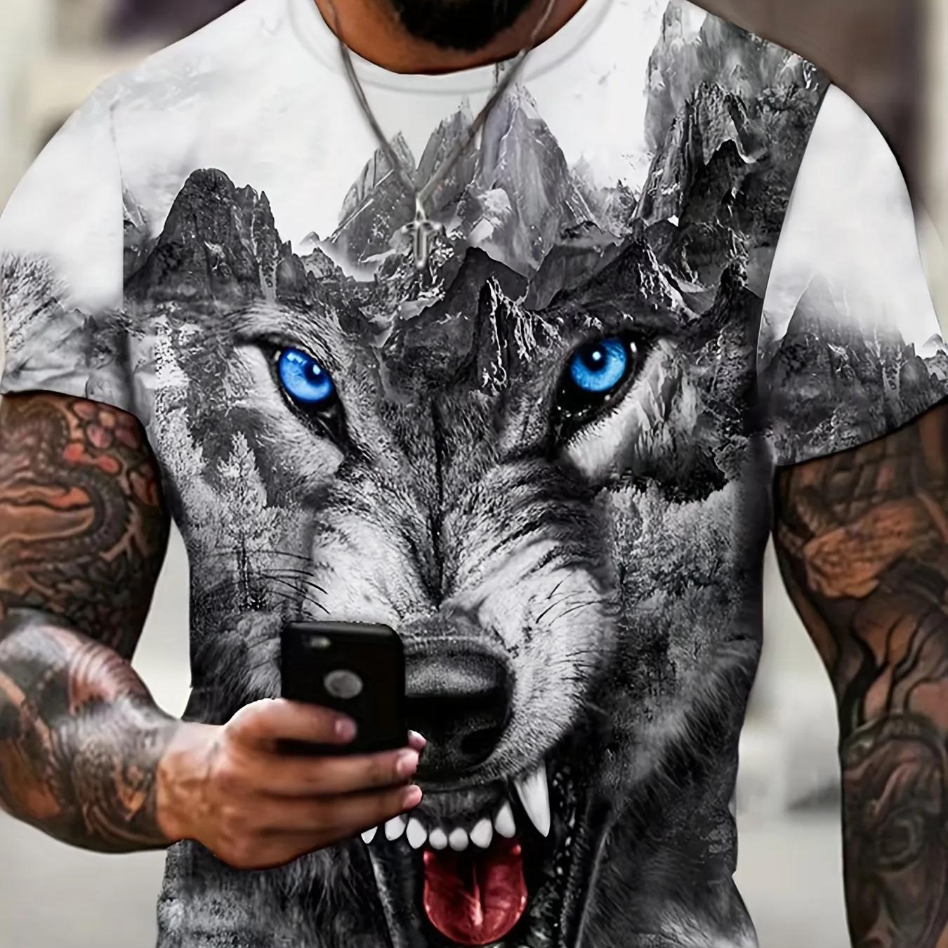 

Літня чоловіча футболка з 3d-принтом і круглим вирізом із зображенням тваринного вовка, модний вуличний одяг, повсякденна футболка з короткими рукавами, великий чоловічий одяг 4XL