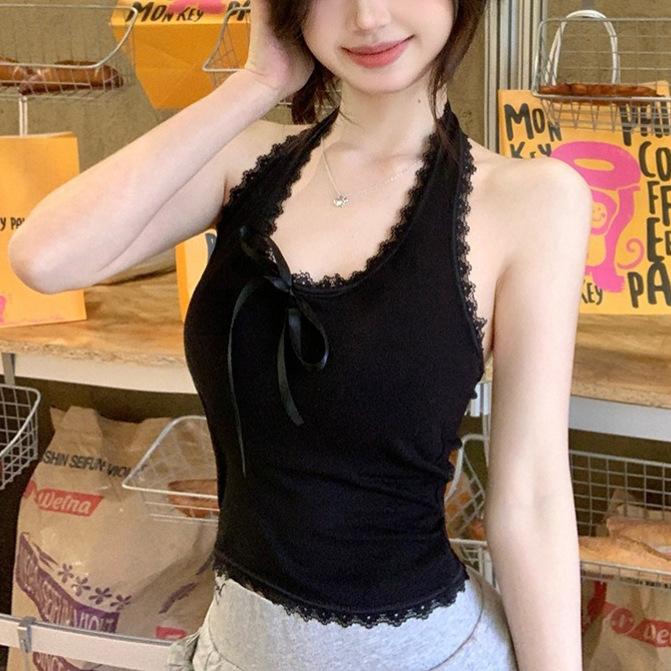 Summer women's new Korean Spice Girls sexy slim European and American style bow lace neck sling vest top