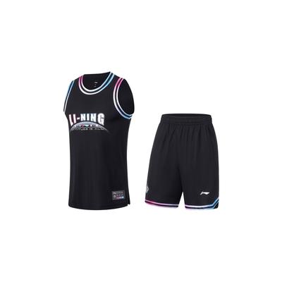 Li Ning Sports Série Basketball Impression Lettre Costume de Basketball Homme costumes Noir AATT013-6