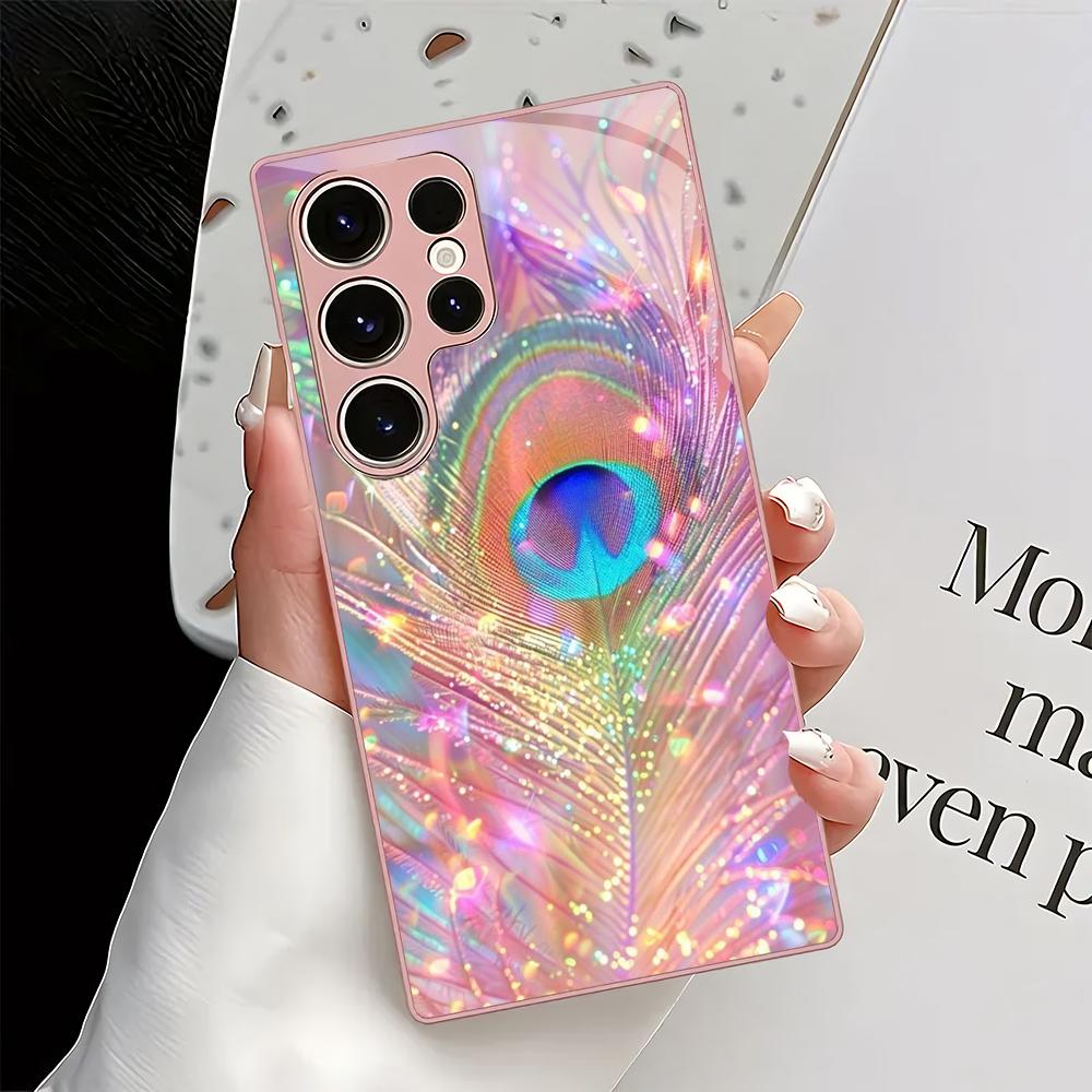 Colorful peacock feather glass phone case suitable for Samsung Galaxy S26 S25 S24 S23 S22 S20 FE/Ultra/Plus anti fall back cover