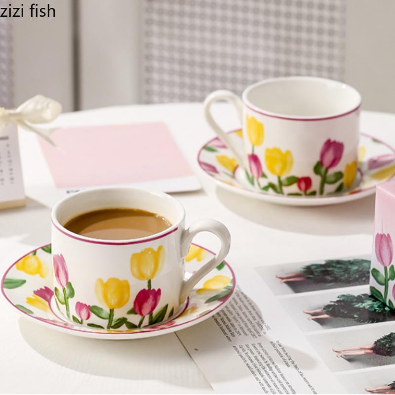 Hand Drawn Tulip Coffee Cup Set Gift Box Ceramic Water Cups Afternoon Tea Cups Breakfast Cup Milk Mug Juice Mug Coffee Mugs