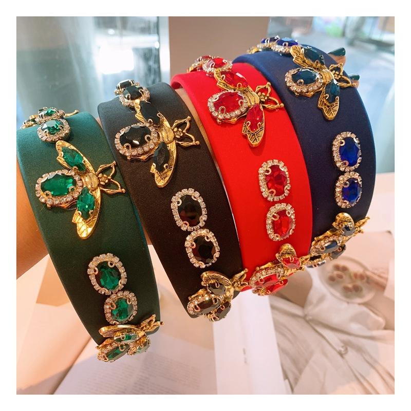 Luxury Metal Gem Bee Women Wide Headband Thick Hair Hoop Vintage Light Luxury Rhinestone Bee Jewelry Hair Accessories for Girls