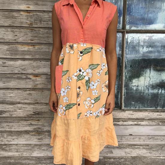 

Midi Dress Floral Print Contrast Color Women Lapel Sleeveless Lapel Dress