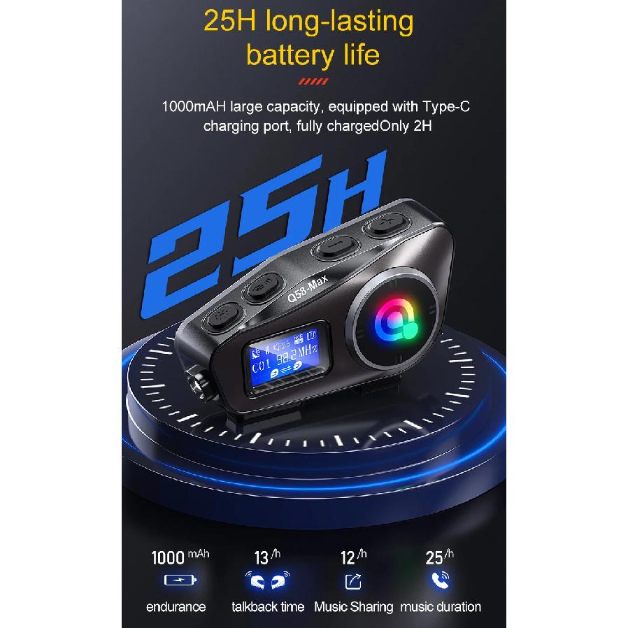 Q58-MAX Motorcycle Helmet Bluetooth Headset Intercom LED Lighting Dual 500M IP65 Rateddeep Waterproof Stereo FM Radio Interphone