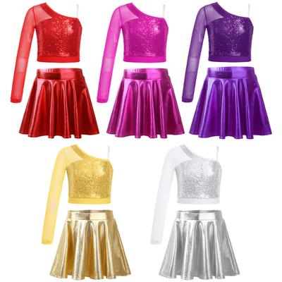 Kinder Mädchen Tanz Performance Kostüm Pailletten Tanz Top Langarm One Shoulder Crop Top mit ausgestelltem Rock