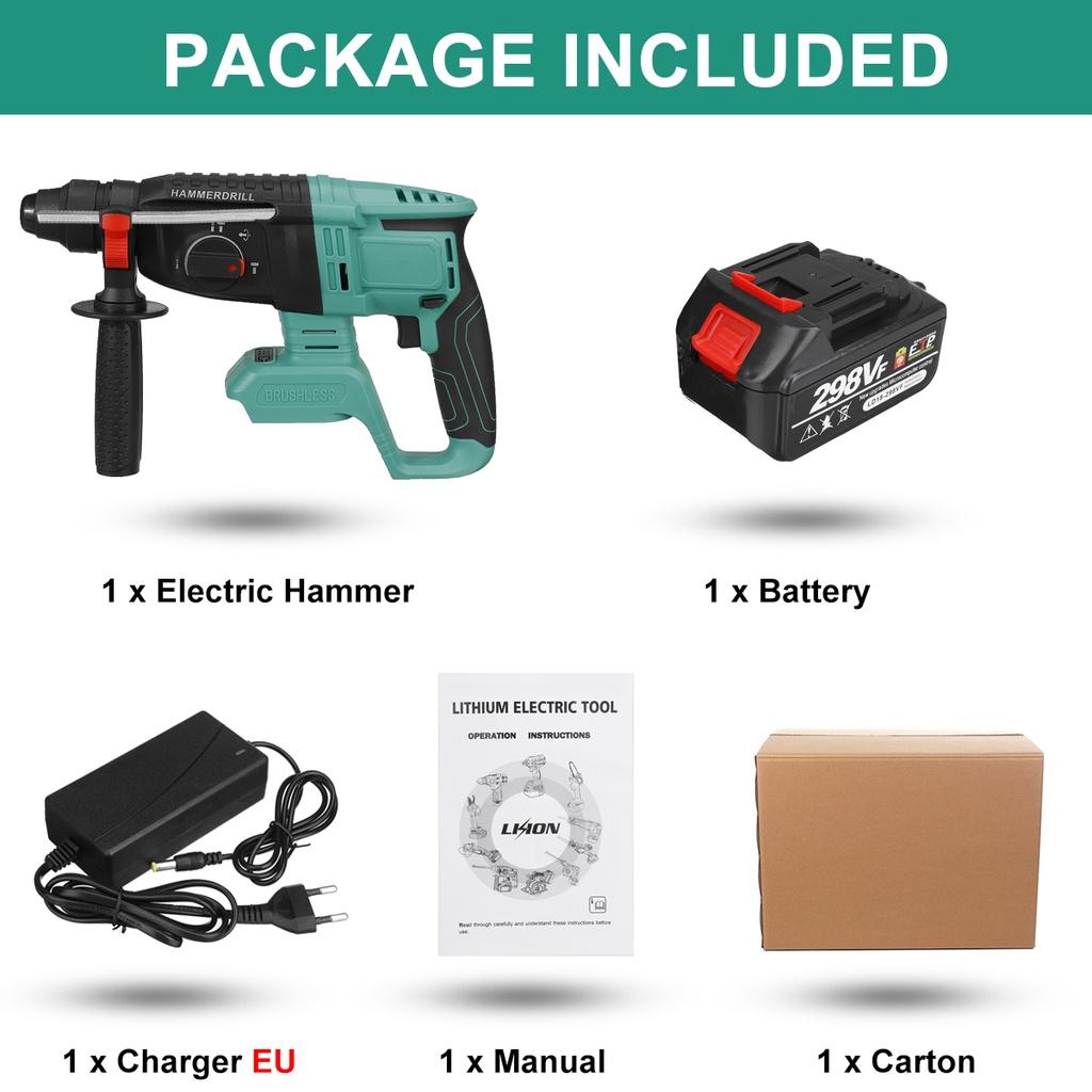 1400/min Brushless Cordless Rotary Hammer Drill 1/2 Batteries Rechargeable Electric Hammer Impact Drill for 18V Battery Green New 13.4x8.7""