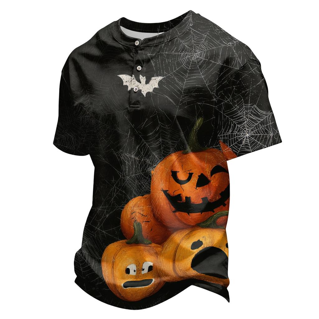 Men's Halloween Print Short Sleeve Henley Shirt Casual Round Neck Tee with Button Detail Suitable for Seasonal Wear