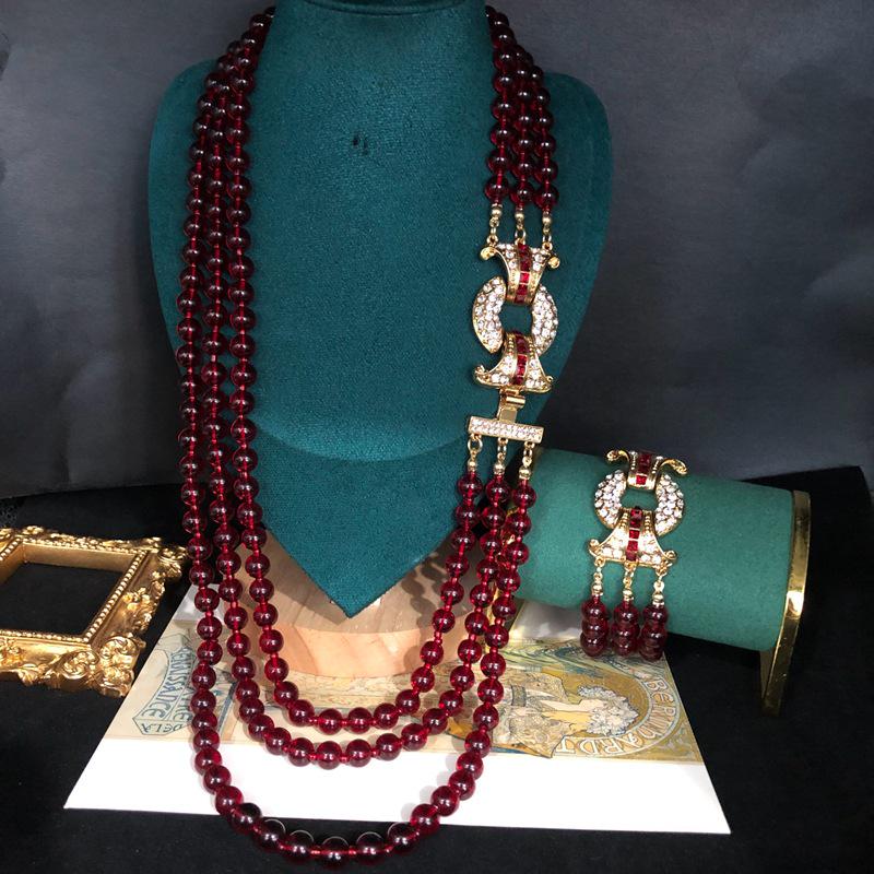 Retro Pomegranate Red Glass Bead Layered Sweater Chain & Rhinestone Necklace Bracelet Set