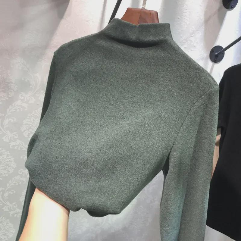 Damen Herbst/Winter Koreanischer Stil Samt Unterhemd, Halber Stehkragen, Verdicktes Langarm-T-Shirt