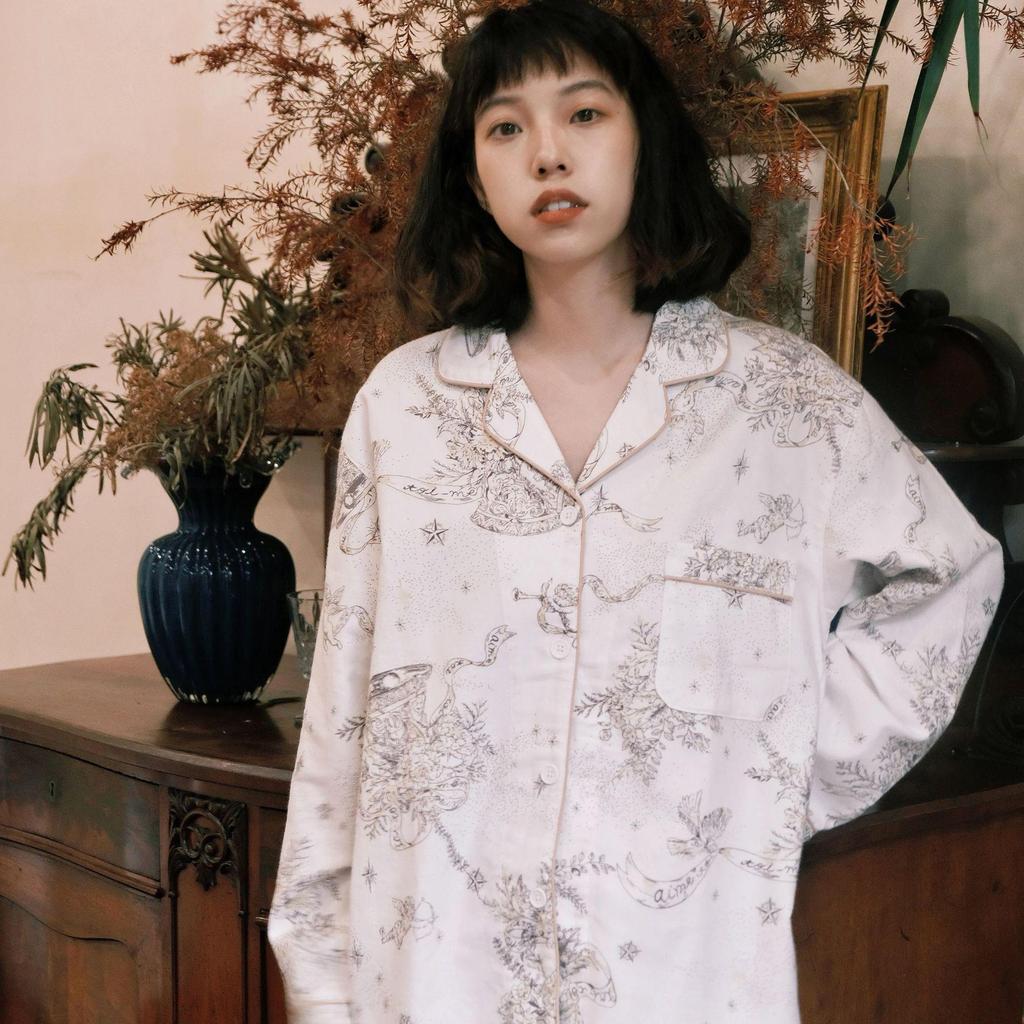 Women's Brushed Cotton French Pajamas - Comfy, Loose-Fit Long Sleeve Set for Spring & Autumn