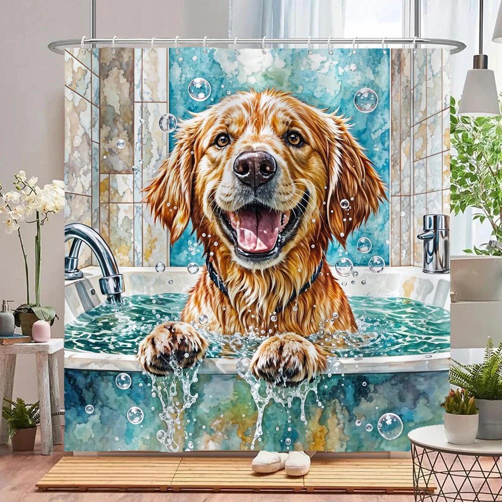 Funny Bathing Cat and Dog Shower Curtain Waterproof Bathroom Curtain Creative and Interesting Partition Bath Curtain with Hooks
