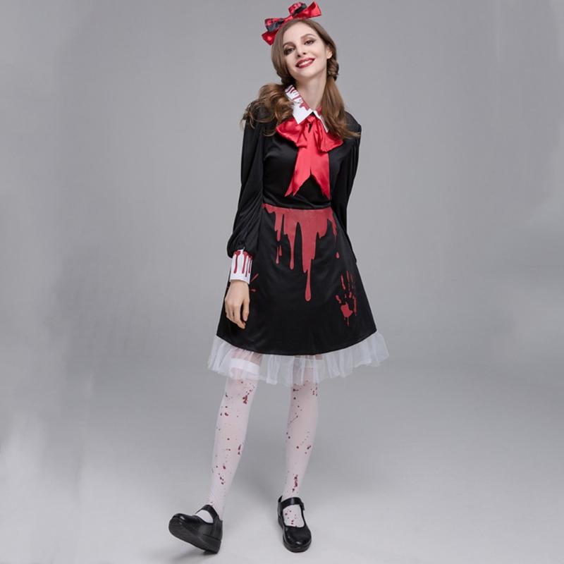 Adult Bloody Zombie Ghost for Doll Dress Bow Headpiece Set Cosplay Costume Women Halloween Role Pretend for Play Party O