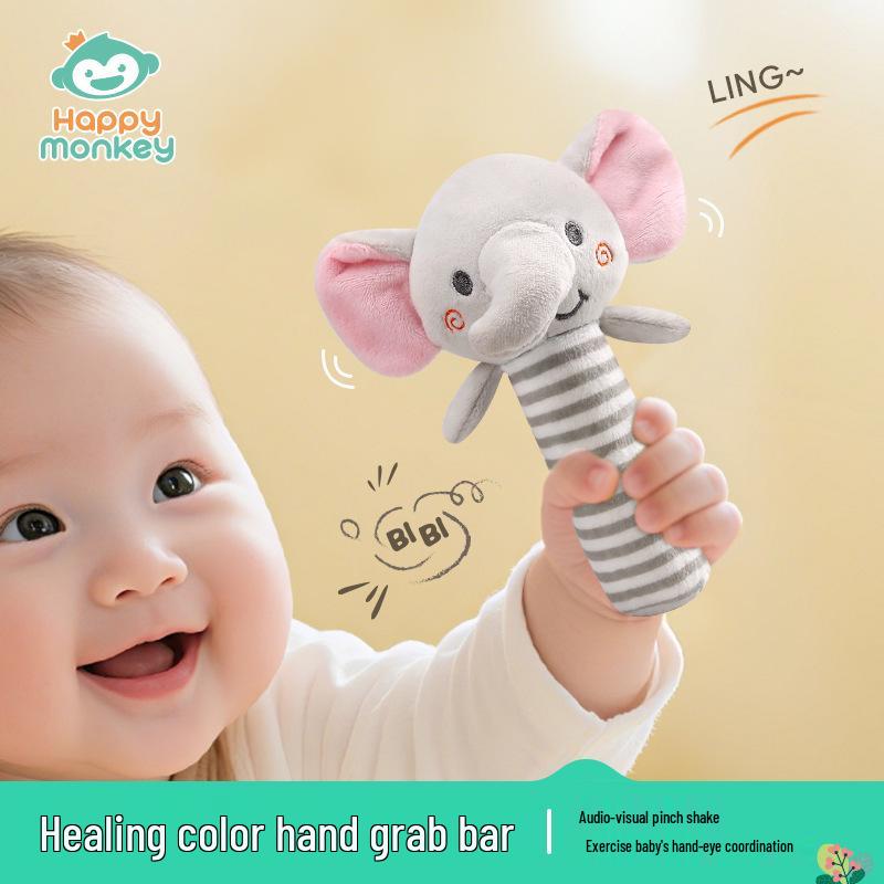Happy Monkey Baby Soft Animal Hand Rattle Stick - Soothing, Non-Deforming, Easy Grip Toy