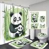 1/3/4pcs Bamboo Panda Shower Curtain Set - Cute Panda & Bamboo Design, Includes, U-Pad, Lid Cover, 12 Hooks, 180x180cm, Polyes
