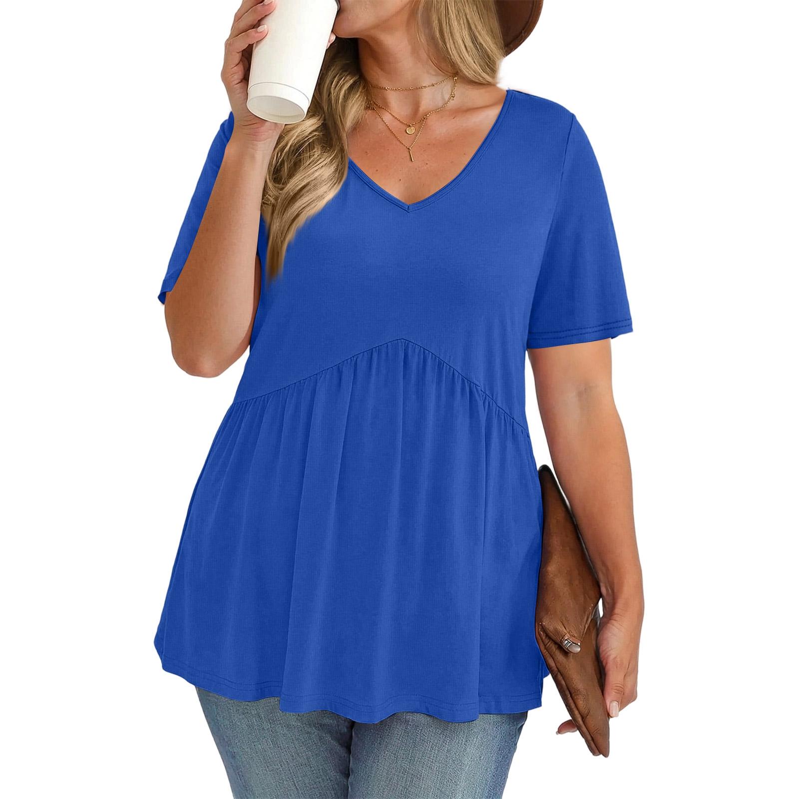 Women s Plus Size Fashionable Casual Loose-Fit V-Neck Short-Sleeve Top XXL синий