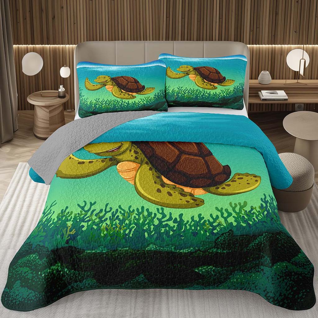 Sea Turtle Bedspread Queen Twin Underwater World Ocean Animal Coverlet Reptile Tortoise Print Quilted Bedding Set for Kids Adult