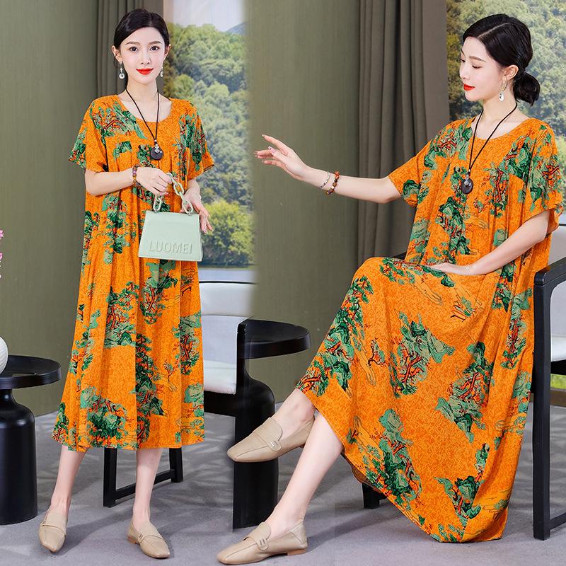Women's Round Neck Short Sleeve Maxi Dress Loose Relaxed Waist Elegant Floral Print Plus Size Casual Summer Dress