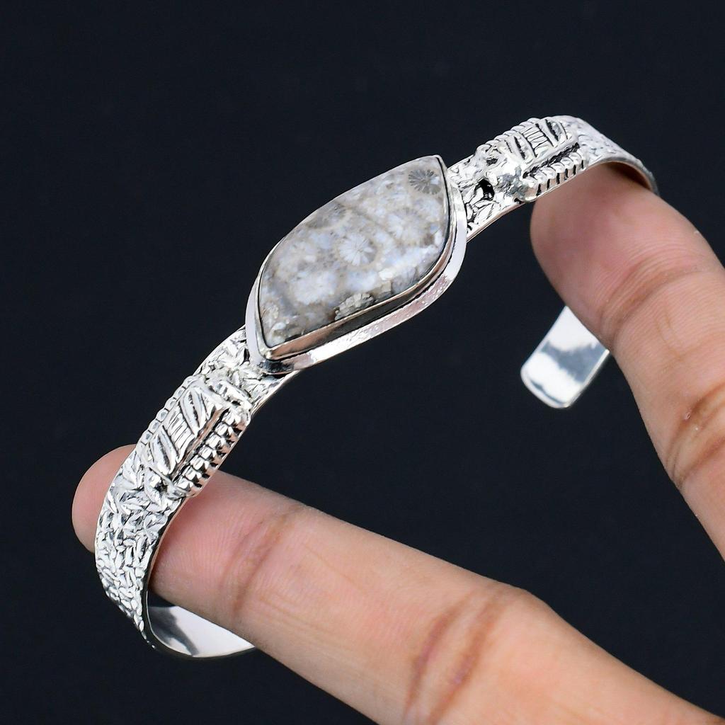 Daughters Day Sale Fossil Coral Gemstone Sterling Silver Sister Bangle Bracelet