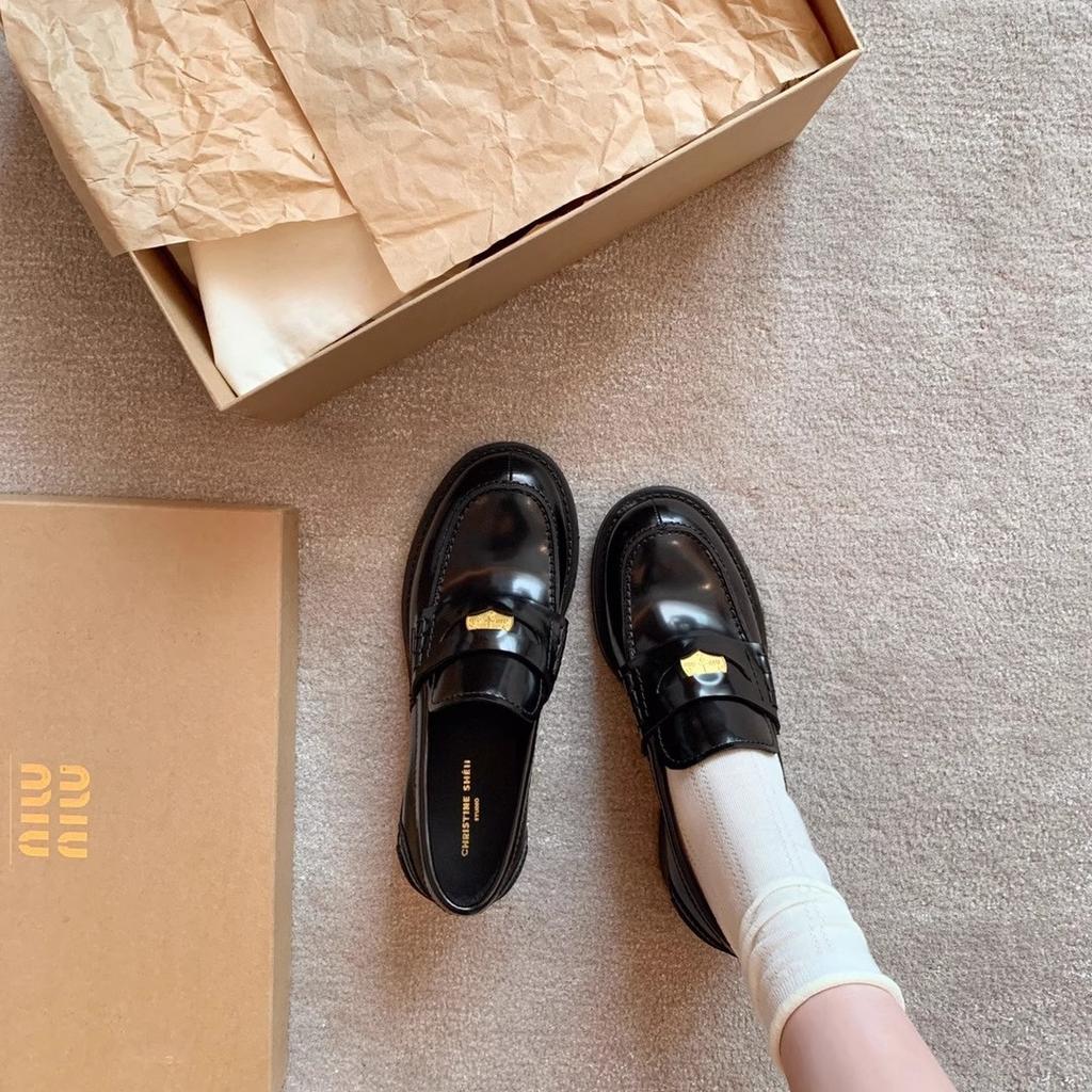 Cowhide Version~ Retro British Style Platform Loafers, Round Head, Miu Small Gold Coins, Thick Heels and Small Leather Shoes for Women