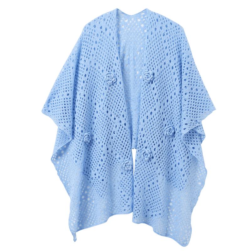 Nomadic Style Hollow Knit Shawl with 3D Flowers One Size озеро синий
