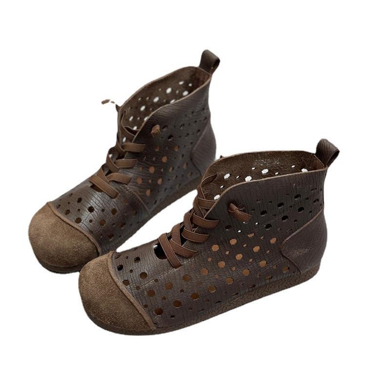 Handgemachte Leder Damenschuhe Rindsleder Runde Zehen weiche Sohle Sandalen Stiefel