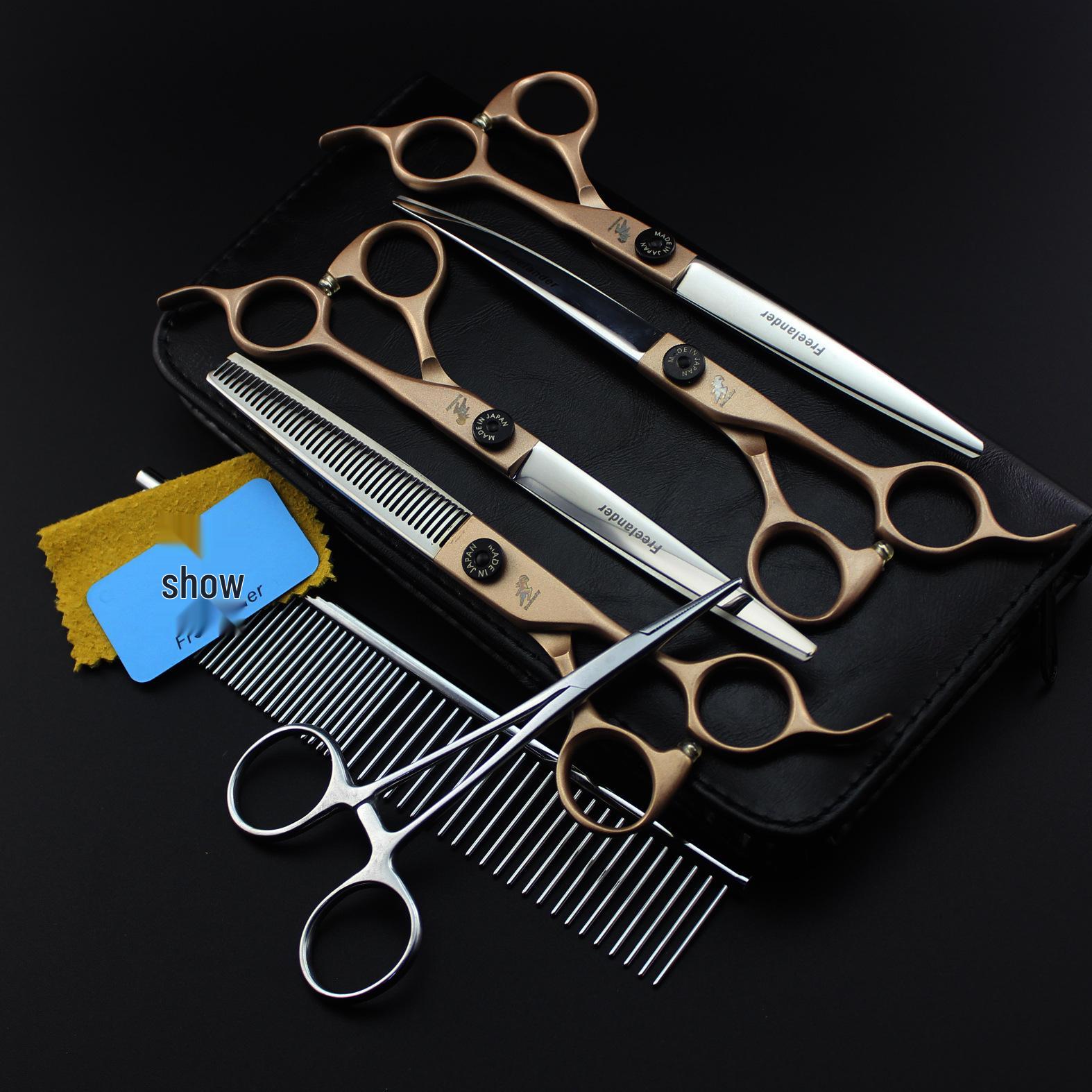 7.0-inch Rich Gold Pet Grooming Scissors Set: Straight, Curved, Tooth Shears & Comb. 7.0 inch Gold Handle 4 Piece Set (Fishbone Tooth)