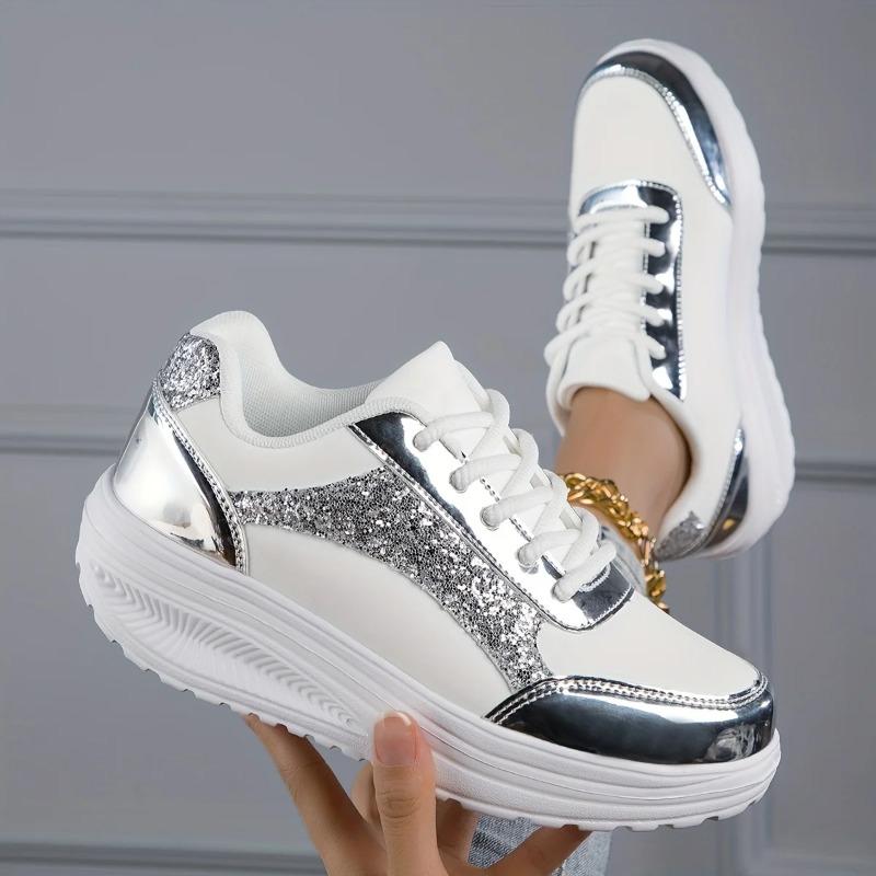 Women'S Pure Color Sequins Sneaker Lace-Up Platform Sequined Decorative Walking Rock Shoes High Top Sneakers Sneaker