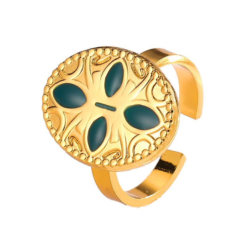 European and American Oval Emerald Open Titanium Steel Ring for Women, Versatile Fashionable French