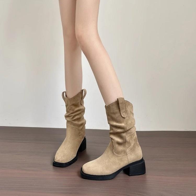 Spot~ Five-point Retro Pleated Piled Boots 2025 New Autumn and Winter European and American Style Pointed and Thin Thick Heel Short Boots